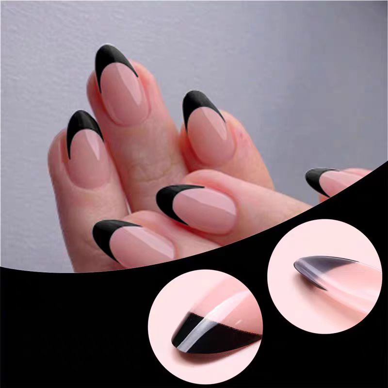 006.Elegant Black Tip French Manicure with Gold Rings – Stylish Nail Art Design for Chic Looks