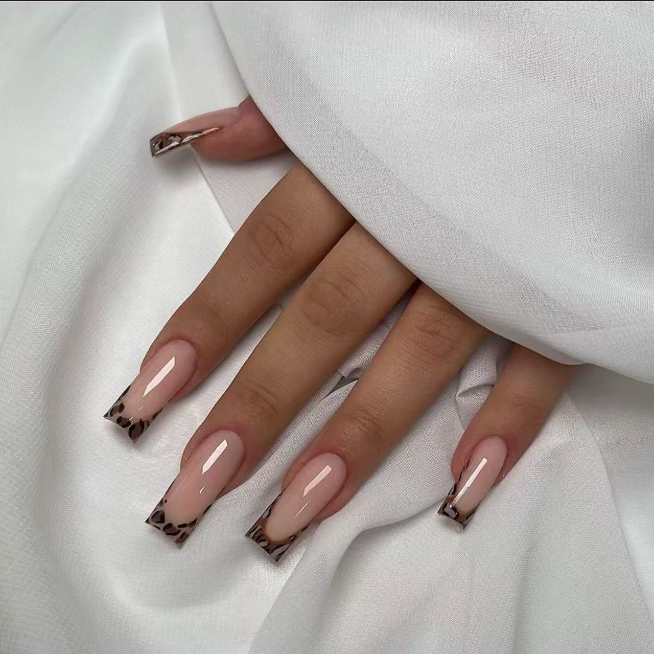 008.Leopard Print French Tip Square Nails – Elegant Nude Base with Bold Animal Print Design