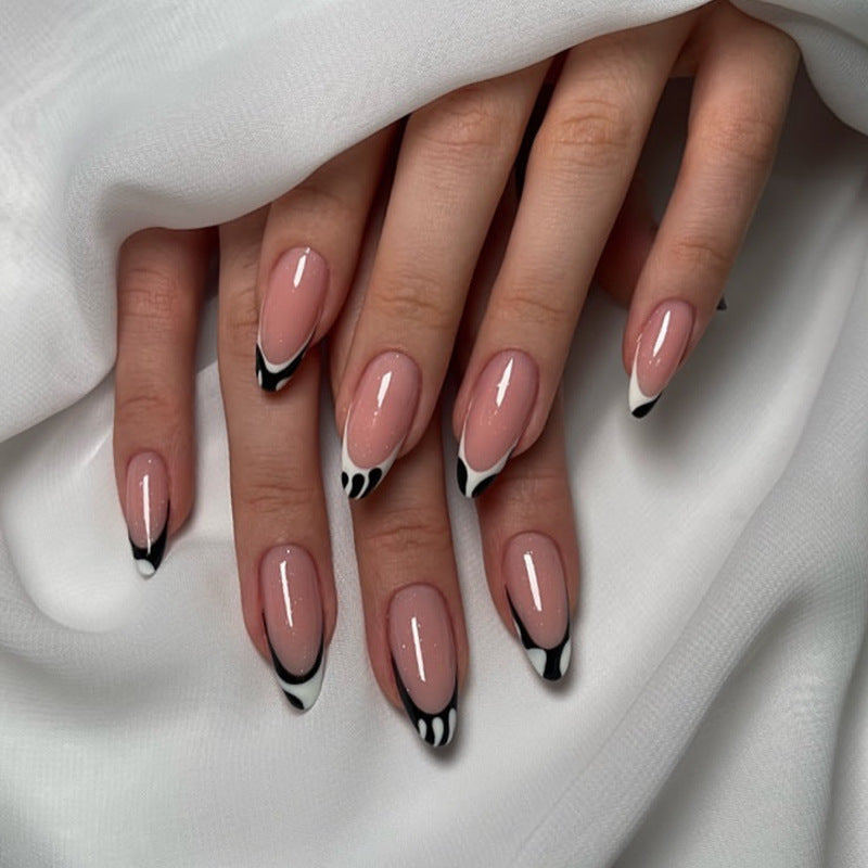 005.French Tip Press-On Nails – Black & White Almond Shape, Chic Minimalist Nail Art