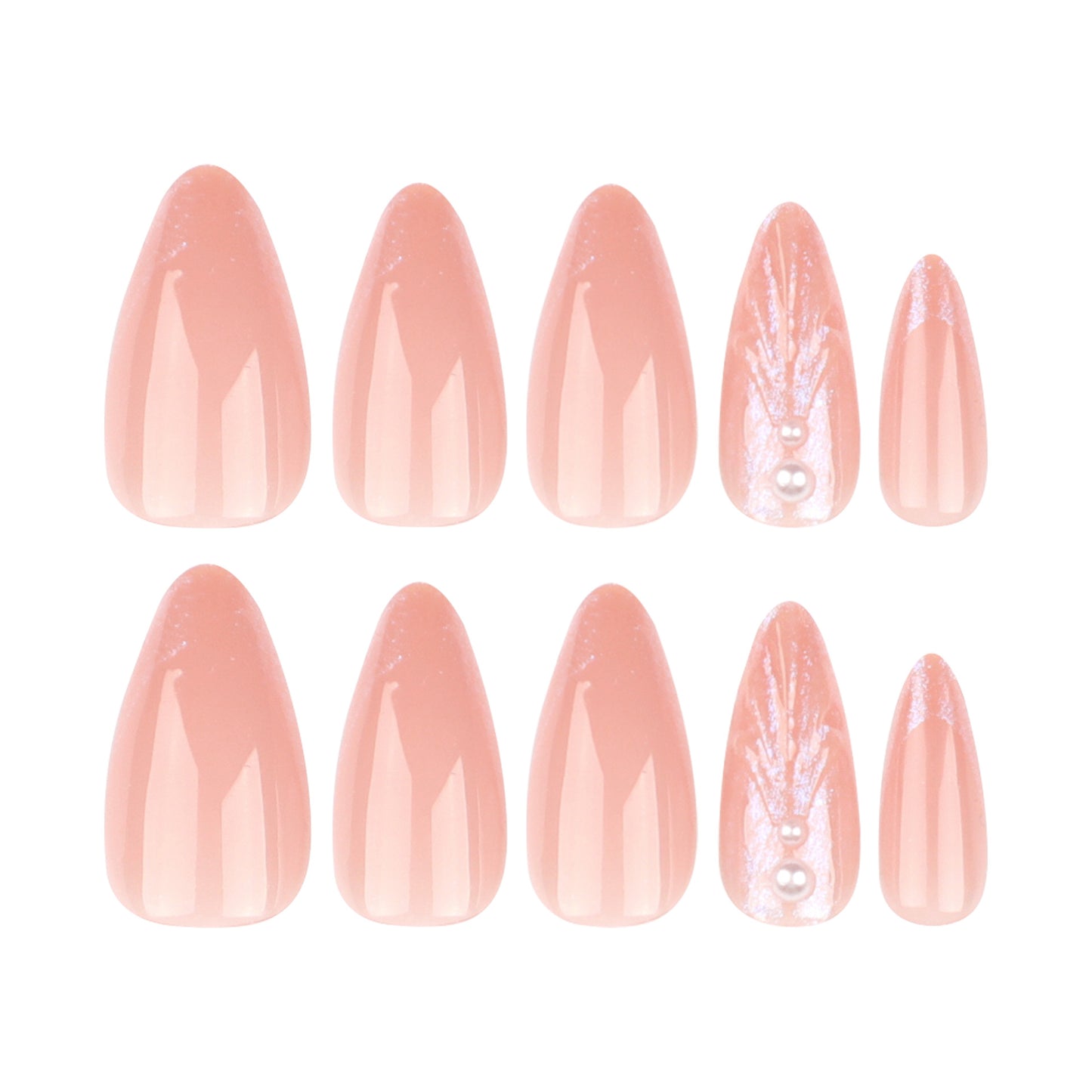 010Nude Glossy Almond Nails with Pearl Embellishments – Trendy 3D Fish Scale Design