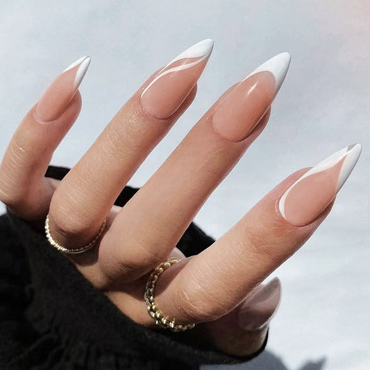 007Elegant White Tip French Manicure with Chic Curves – Nude Base Nail Design for a Modern Look