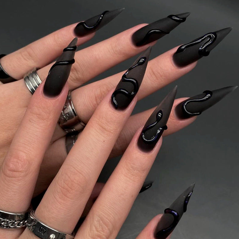 Black Gothic Stiletto Press-On Nails – 3D Nail Design, Halloween Fake Nails, Alternative Fashion